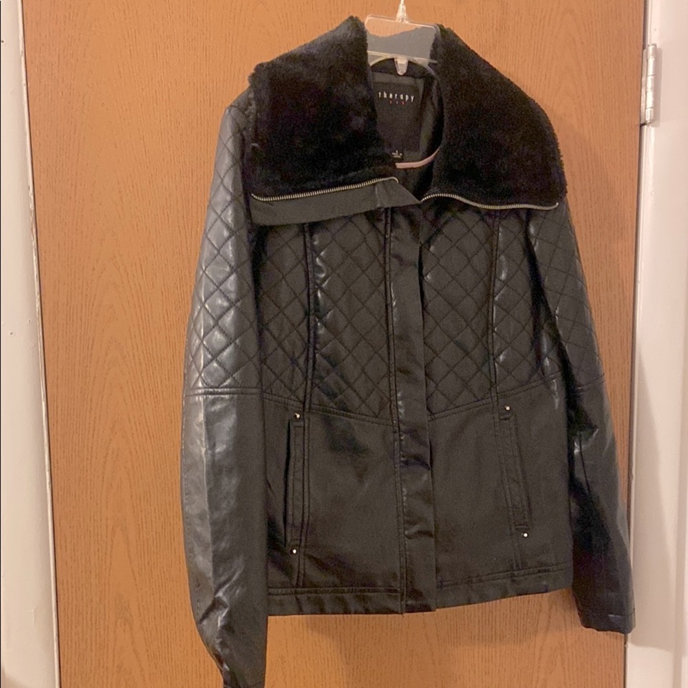 Therapy| Black Faux Leather Jacket With faux fur collar| Sz S